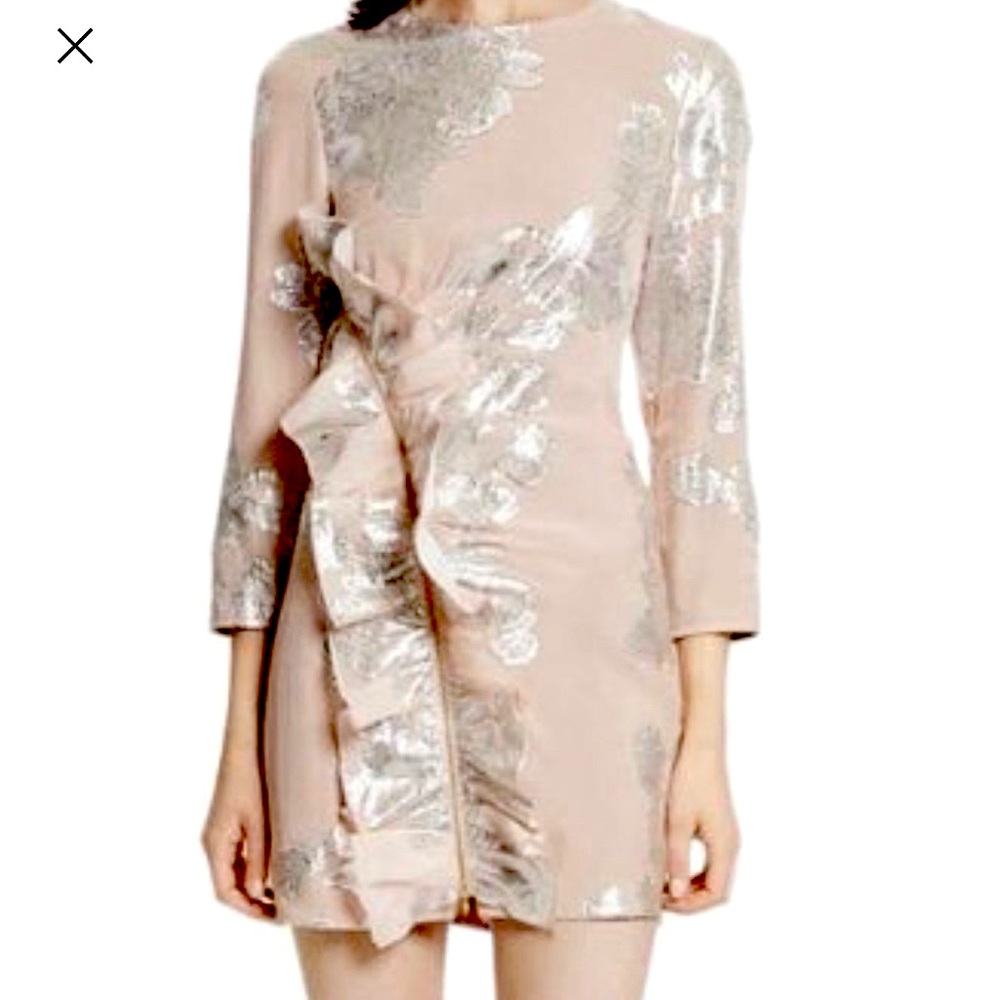 Blush/silver metallic fil coupe ruffle minidress